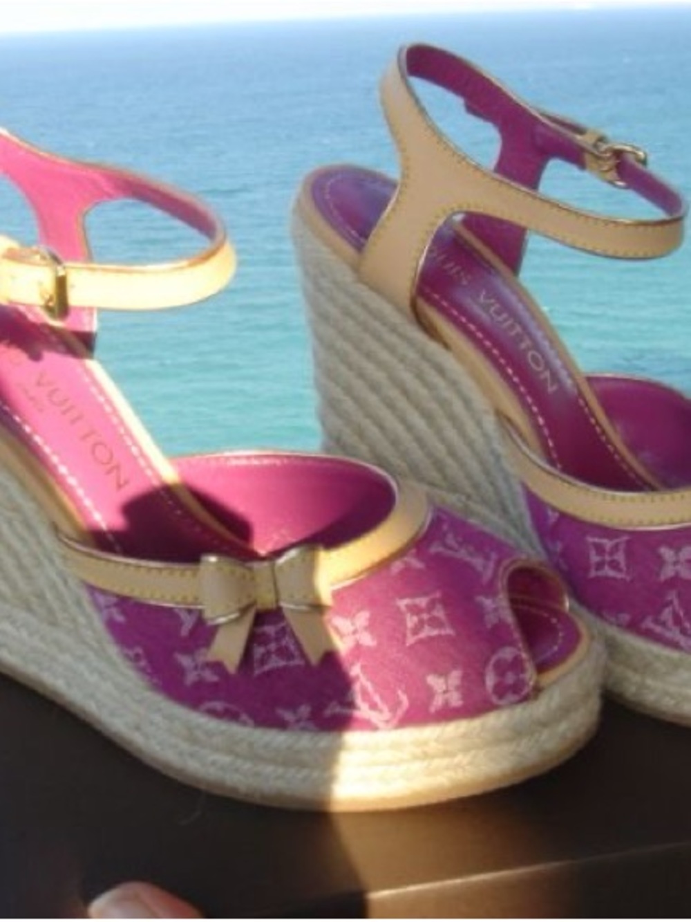 RARE Louis Vuitton Helios Wedge Sandals Pink Denim Monogram canvas EU36 US6